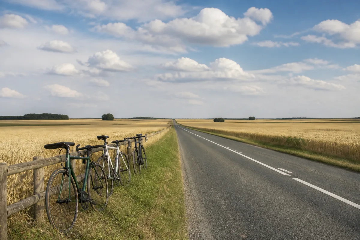 Groupe de cyclistes roulant en file sur une route rectiligne bordée de champs de céréales